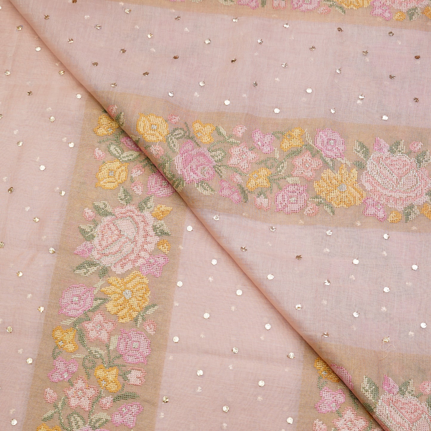 Blush Pink Floral Stripe Embroidered Mul Chanderi Fabric