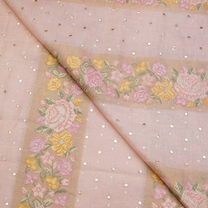 Blush Pink Floral Stripe Embroidered Mul Chanderi Fabric