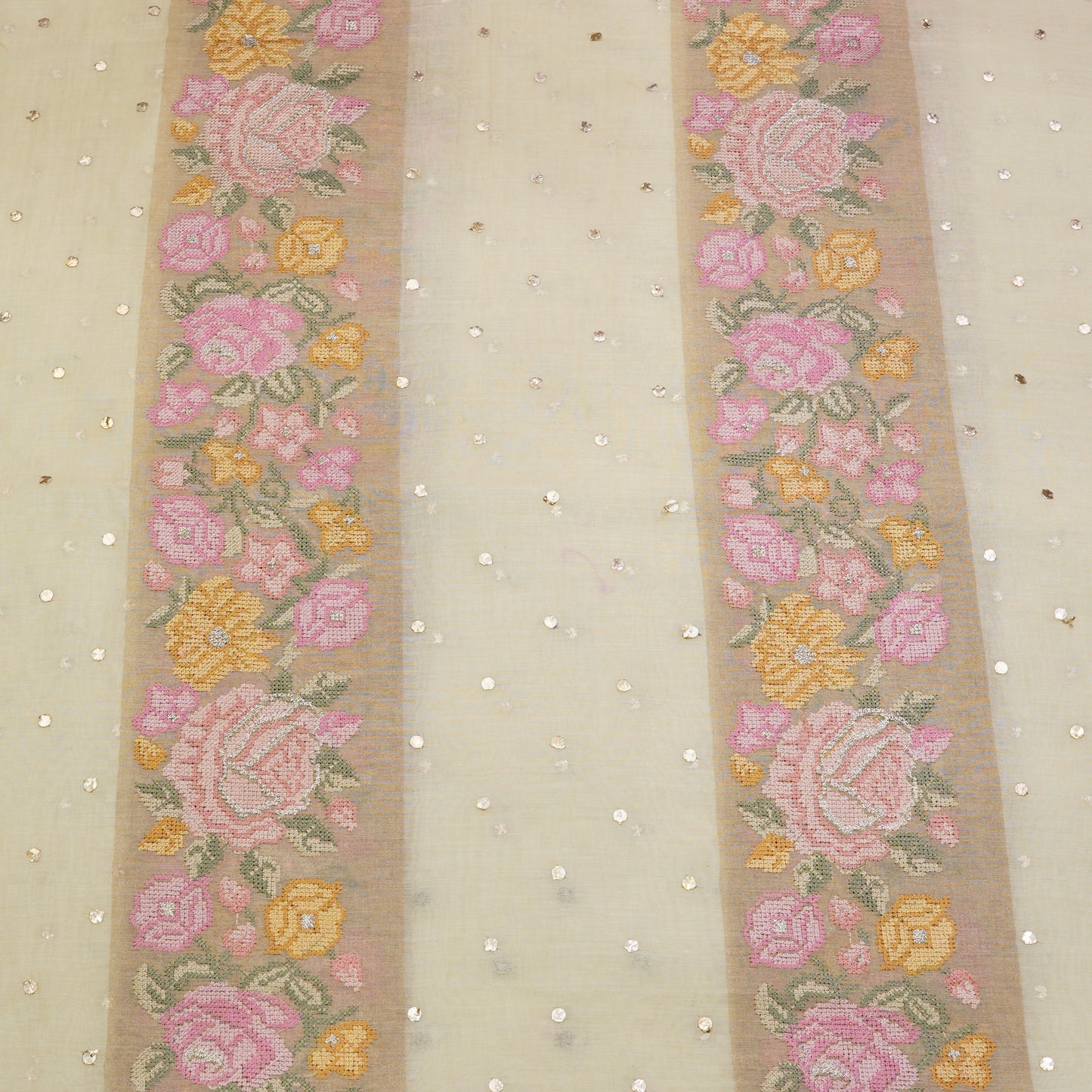 Ivory Beige Floral Stripe Embroidered Mul Chanderi Fabric