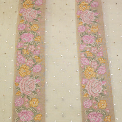 Ivory Beige Floral Stripe Embroidered Mul Chanderi Fabric