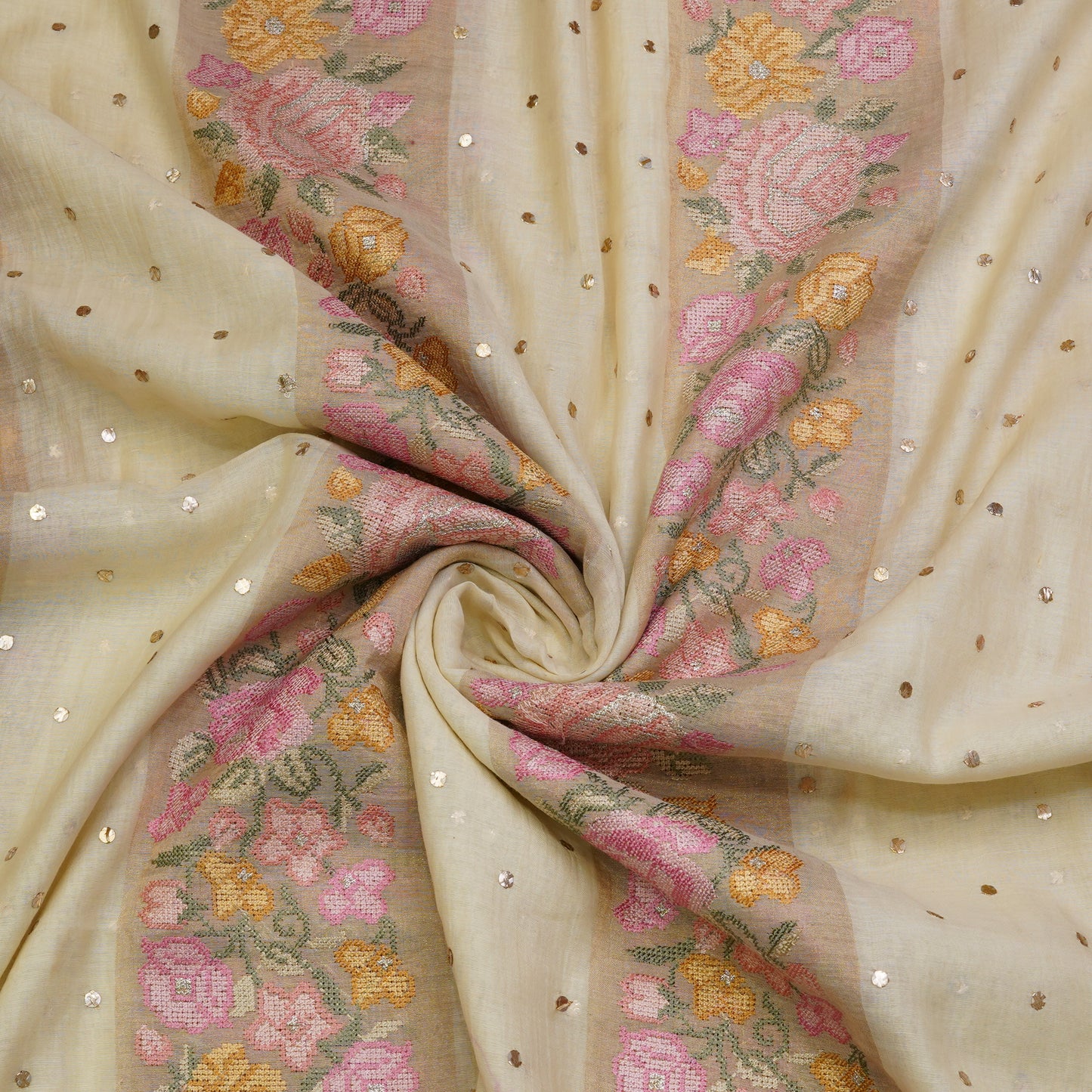 Ivory Beige Floral Stripe Embroidered Mul Chanderi Fabric