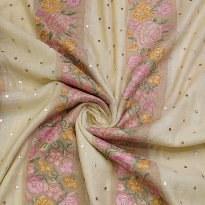 Ivory Beige Floral Stripe Embroidered Mul Chanderi Fabric
