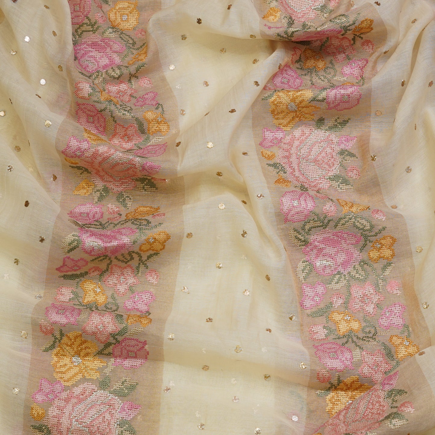 Ivory Beige Floral Stripe Embroidered Mul Chanderi Fabric