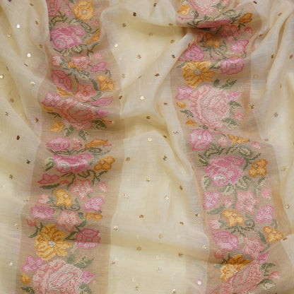 Ivory Beige Floral Stripe Embroidered Mul Chanderi Fabric