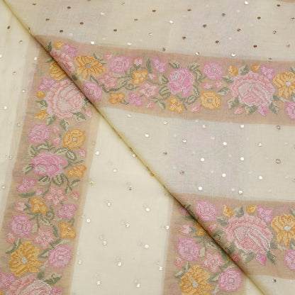 Ivory Beige Floral Stripe Embroidered Mul Chanderi Fabric