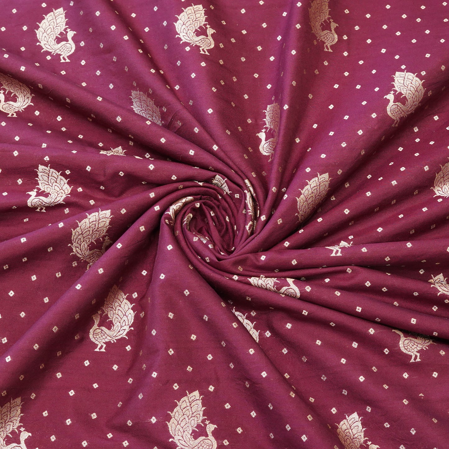 Wine Purple Peacock Zari Woven Mul Chanderi Fabric