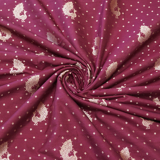 Wine Purple Peacock Zari Woven Mul Chanderi Fabric