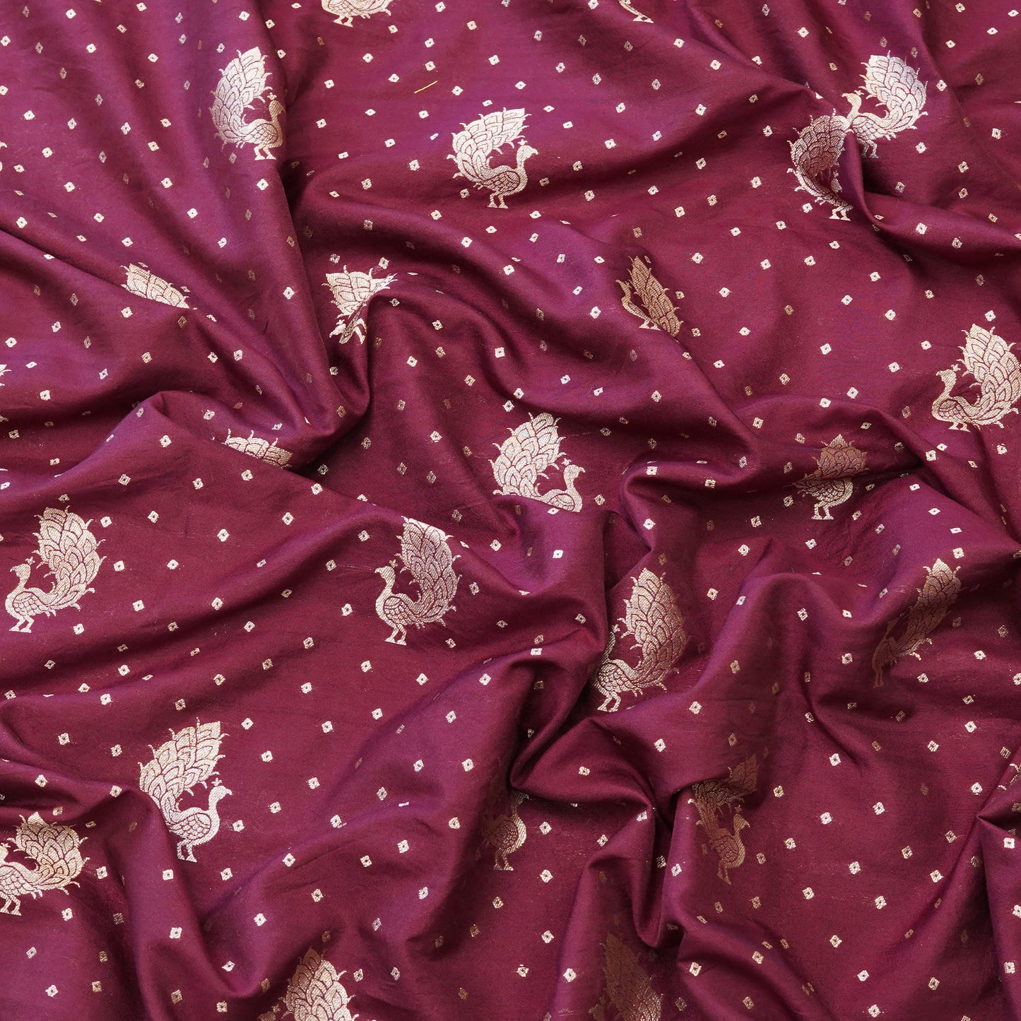 Wine Purple Peacock Zari Woven Mul Chanderi Fabric