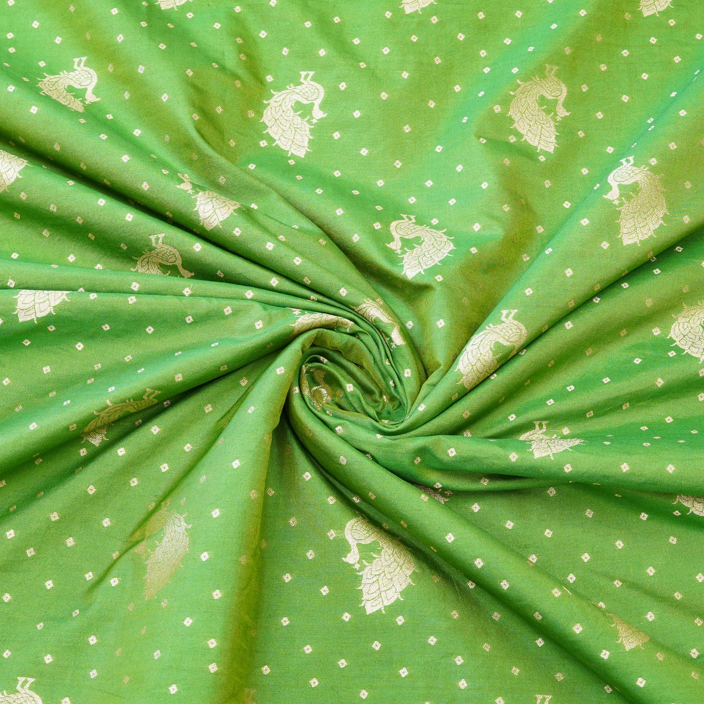 Parrot Green Peacock Zari Woven Chanderi Fabric.