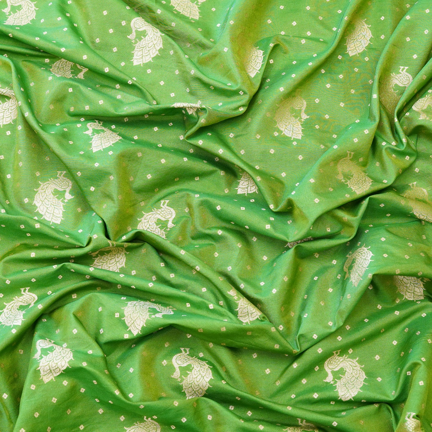 Parrot Green Peacock Zari Woven Chanderi Fabric.