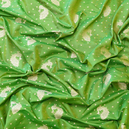 Parrot Green Peacock Zari Woven Chanderi Fabric.