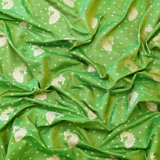 Parrot Green Peacock Zari Woven Chanderi Fabric.