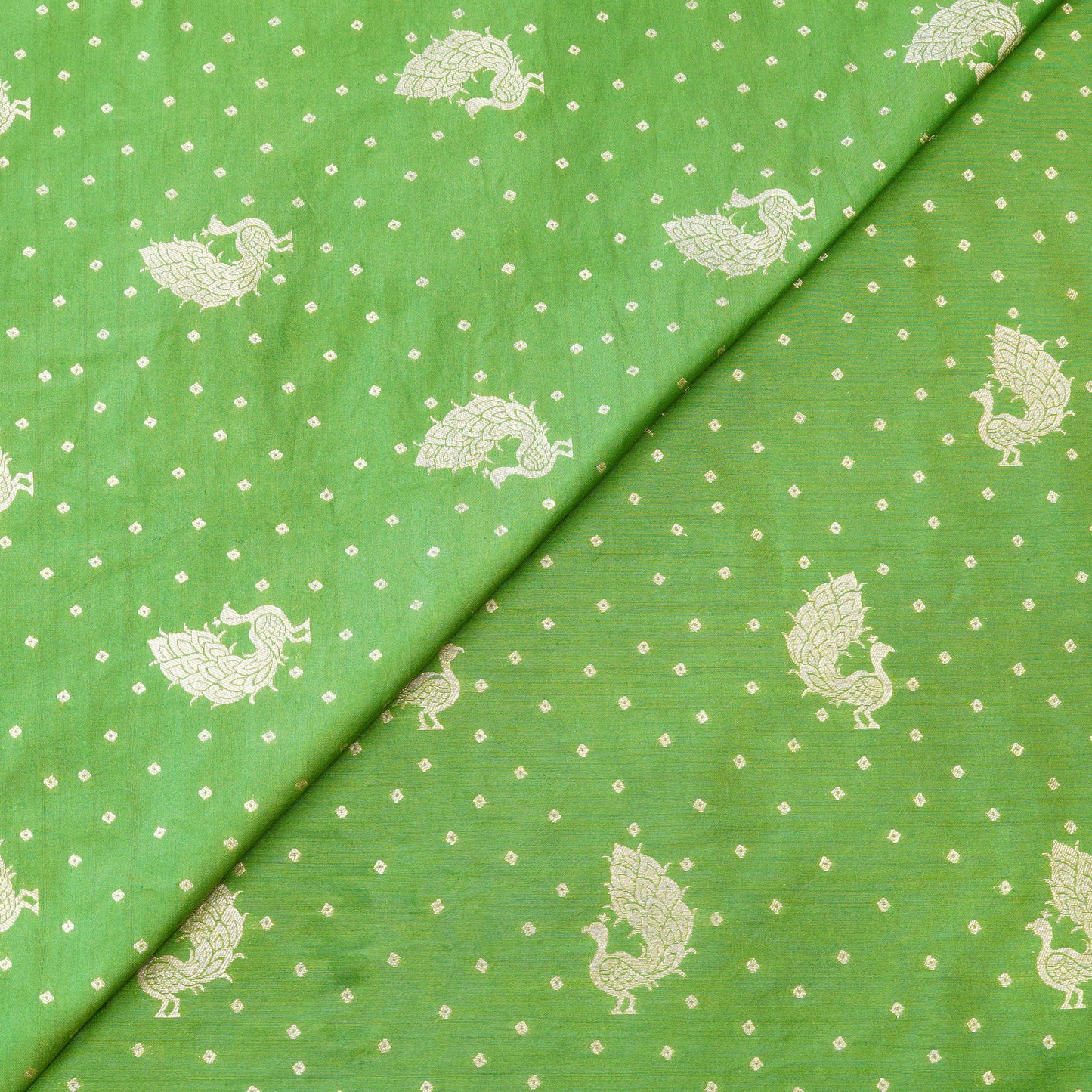 Parrot Green Peacock Zari Woven Chanderi Fabric.