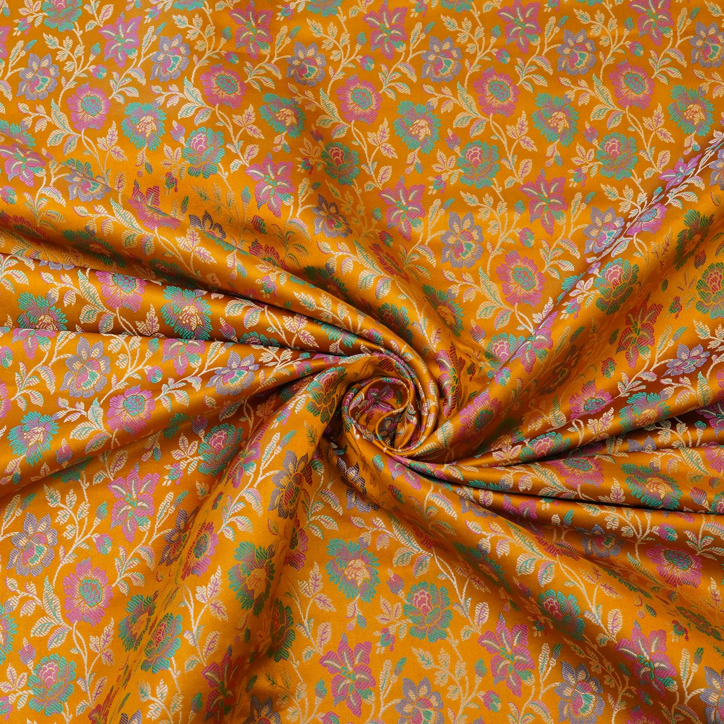 Mustard Yellow Floral Brocade Chanderi Fabric.