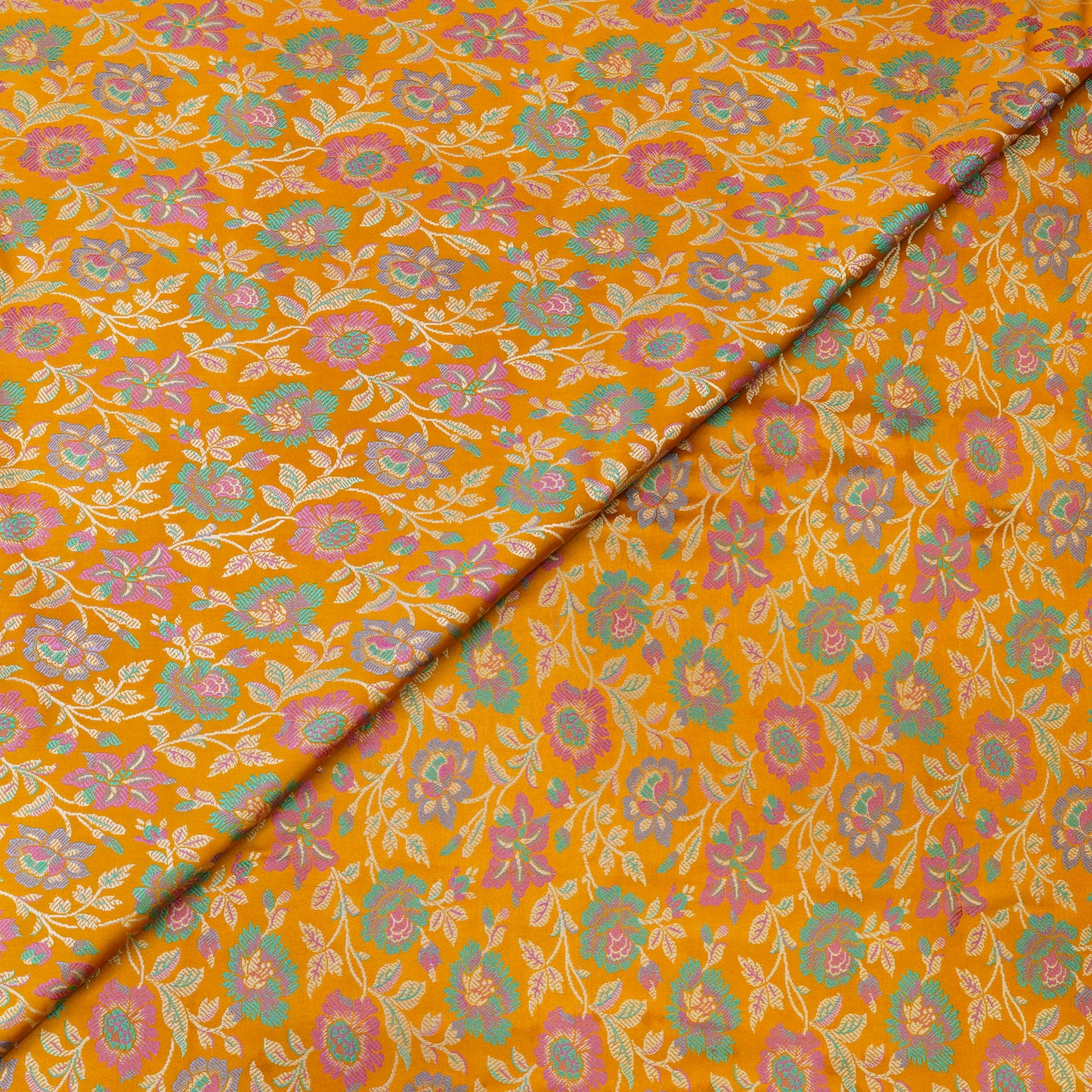 Mustard Yellow Floral Brocade Chanderi Fabric.