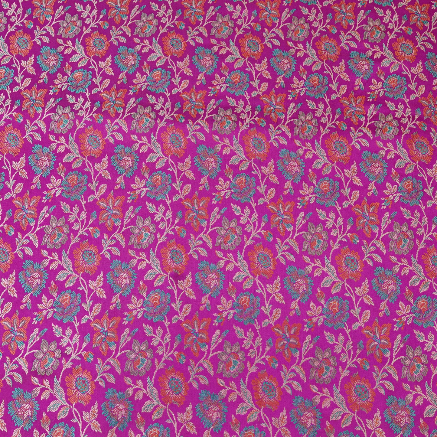 Fuchsia Pink Floral Brocade Mul Chanderi Fabric.