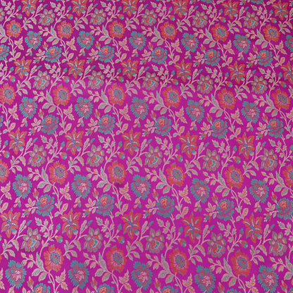 Fuchsia Pink Floral Brocade Mul Chanderi Fabric.