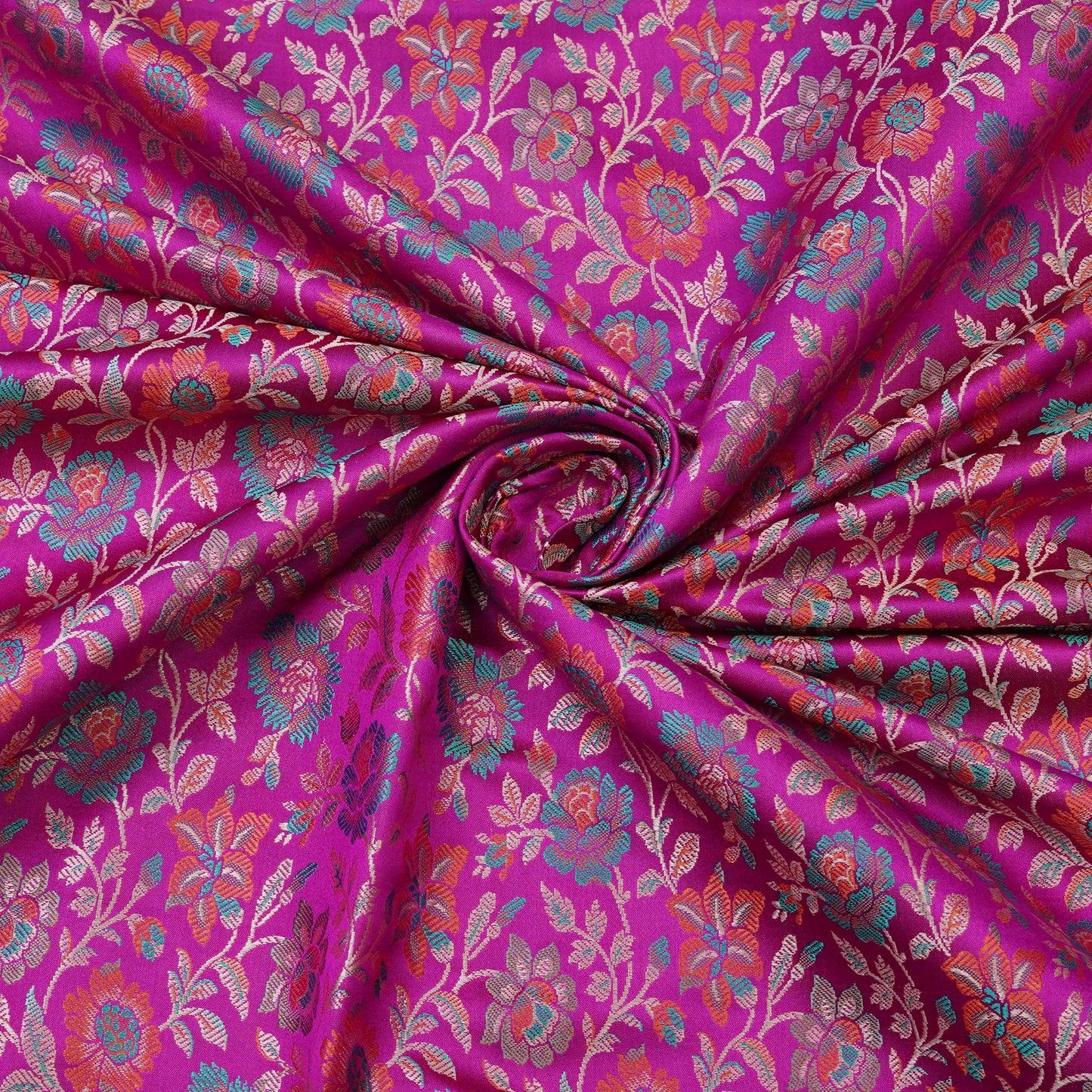 Fuchsia Pink Floral Brocade Mul Chanderi Fabric.