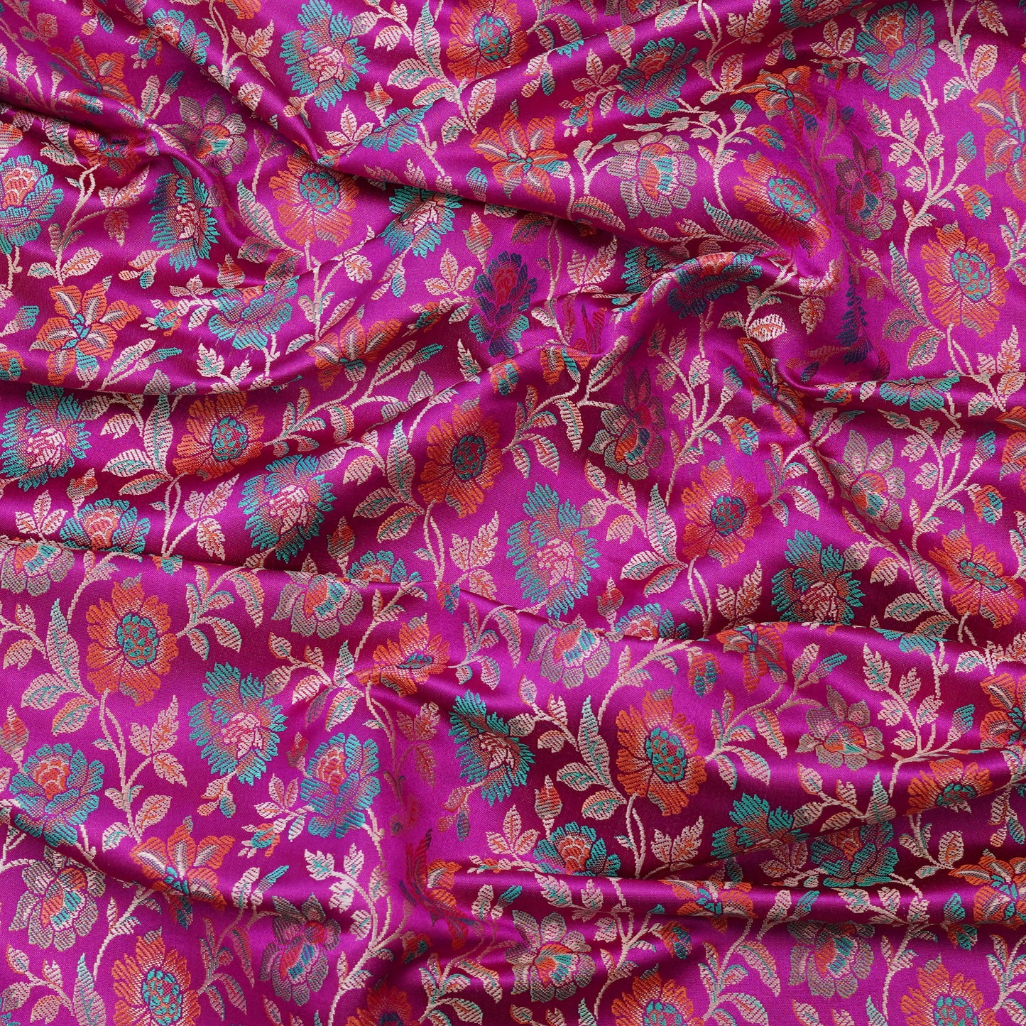 Fuchsia Pink Floral Brocade Mul Chanderi Fabric.