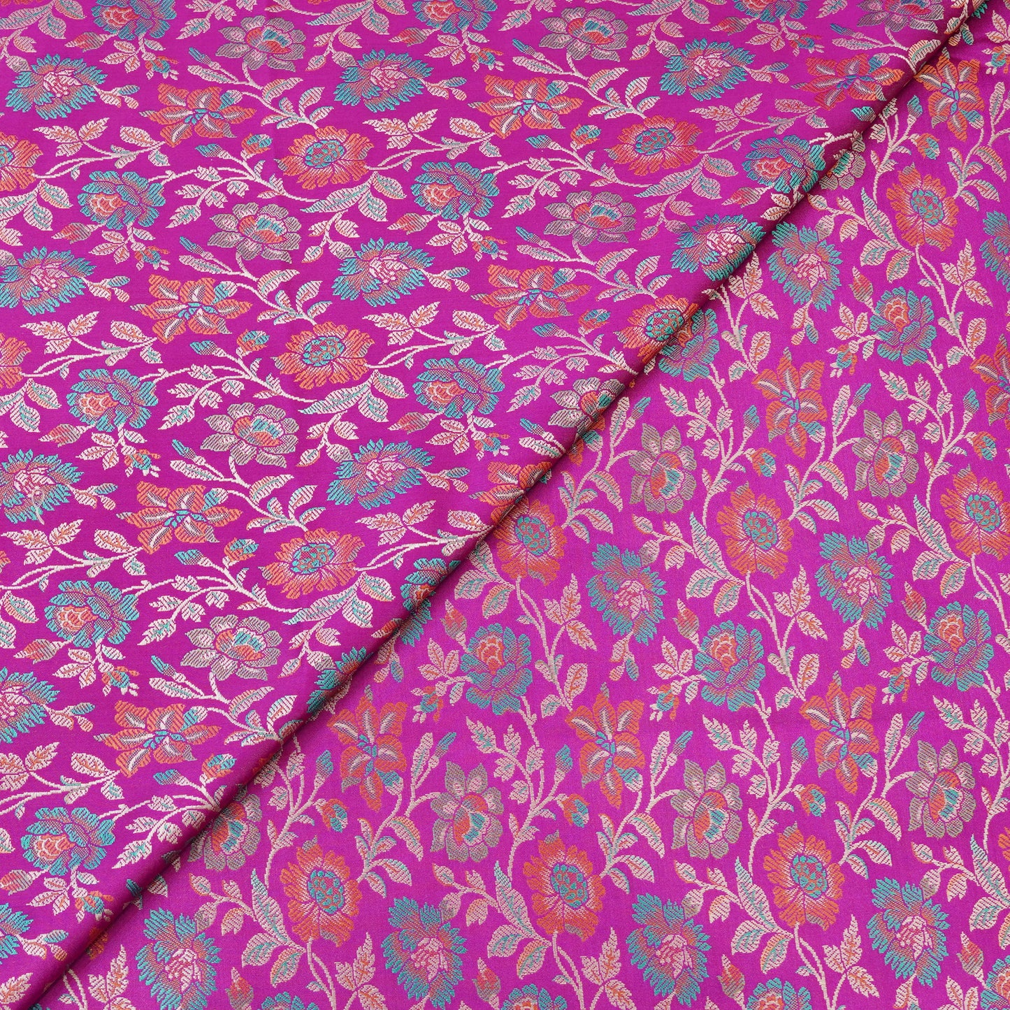 Fuchsia Pink Floral Brocade Mul Chanderi Fabric.