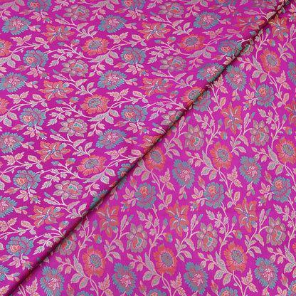 Fuchsia Pink Floral Brocade Mul Chanderi Fabric.