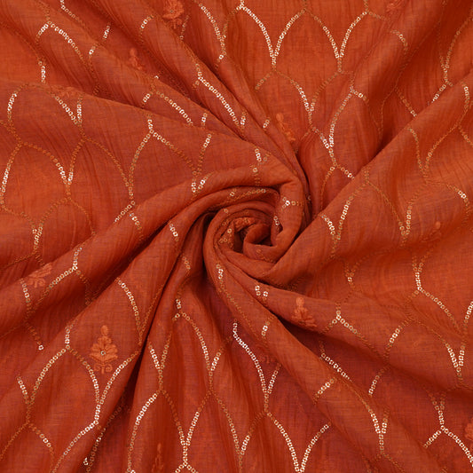 Rust Orange Sequin Embroidered Fabric