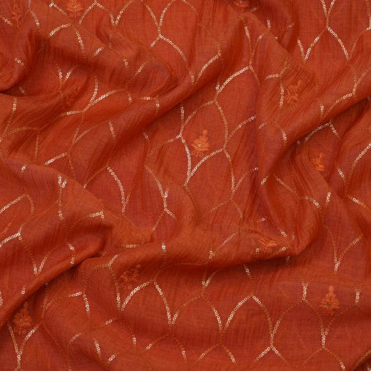 Rust Orange Sequin Embroidered Fabric