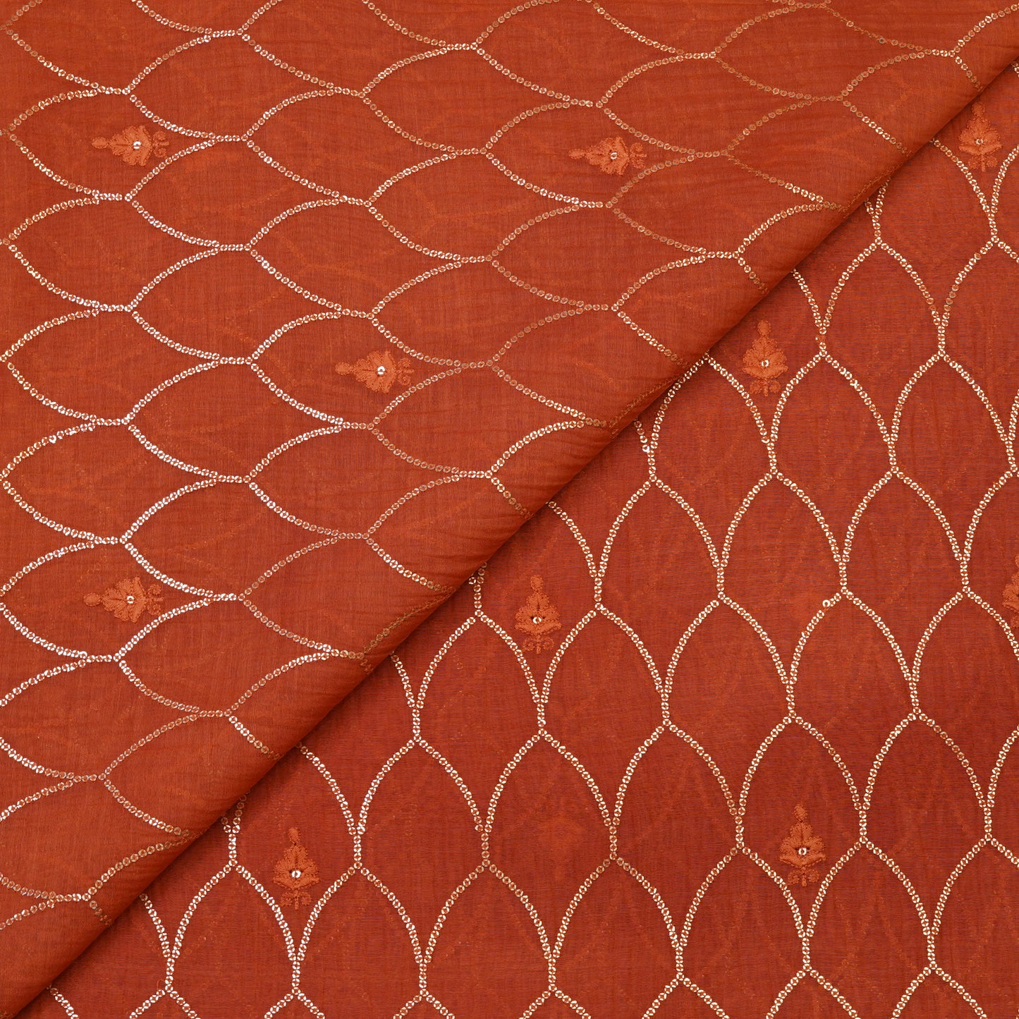 Rust Orange Sequin Embroidered Fabric