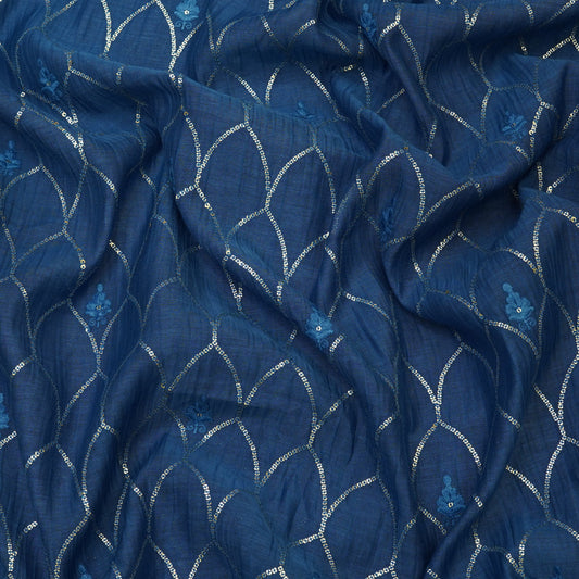 Royal Navy Blue Sequin Embroidered Fabric