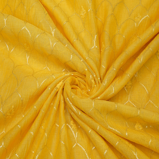 Mustard Yellow Sequin Embroidered Fabric