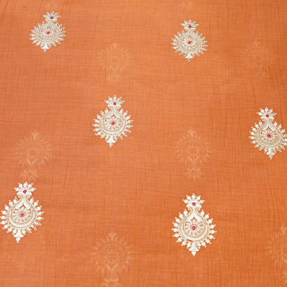 Elegant Rust Orange Embroidered Fabric with Paisley Butti.