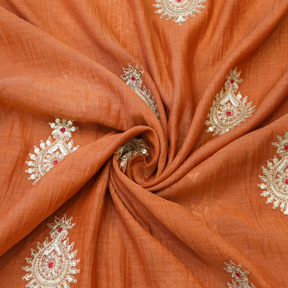 Elegant Rust Orange Embroidered Fabric with Paisley Butti.