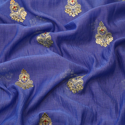Royal Blue Embroidered Butti Fabric.
