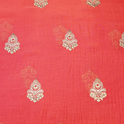 Coral Pink Embroidered Butti Fabric