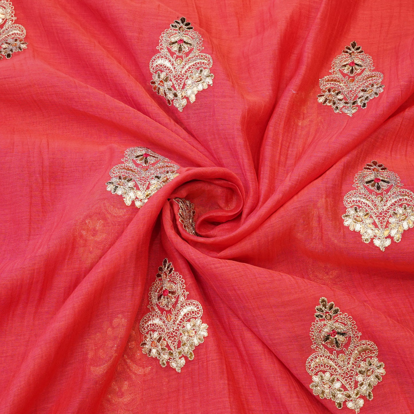 Coral Pink Embroidered Butti Fabric