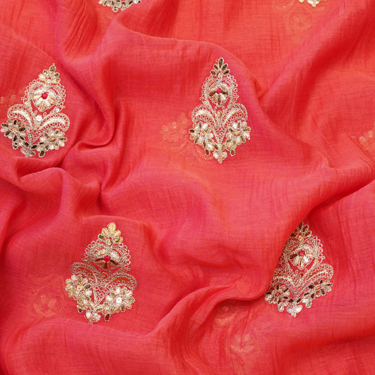 Coral Pink Embroidered Butti Fabric