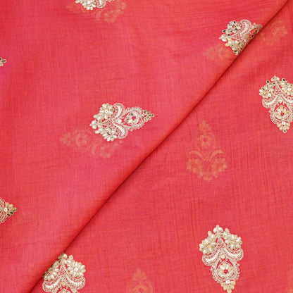 Coral Pink Embroidered Butti Fabric