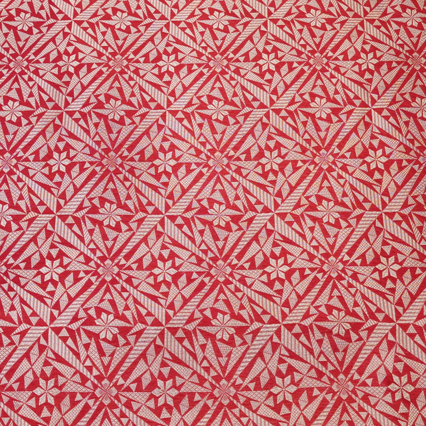 Coral Red Geometric Jacquard Woven Fabric.
