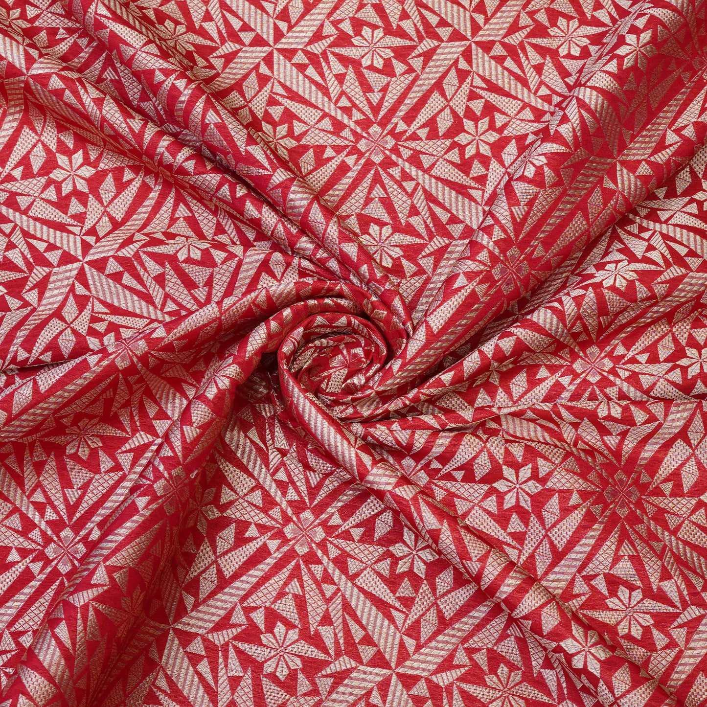 Coral Red Geometric Jacquard Woven Fabric.