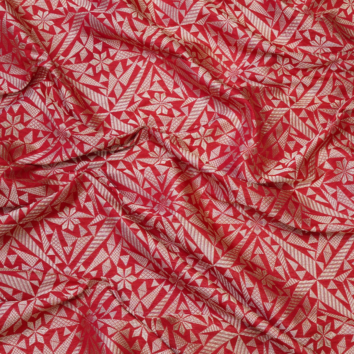 Coral Red Geometric Jacquard Woven Fabric.