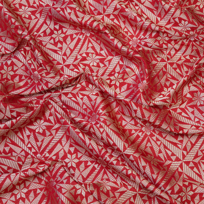 Coral Red Geometric Jacquard Woven Fabric.