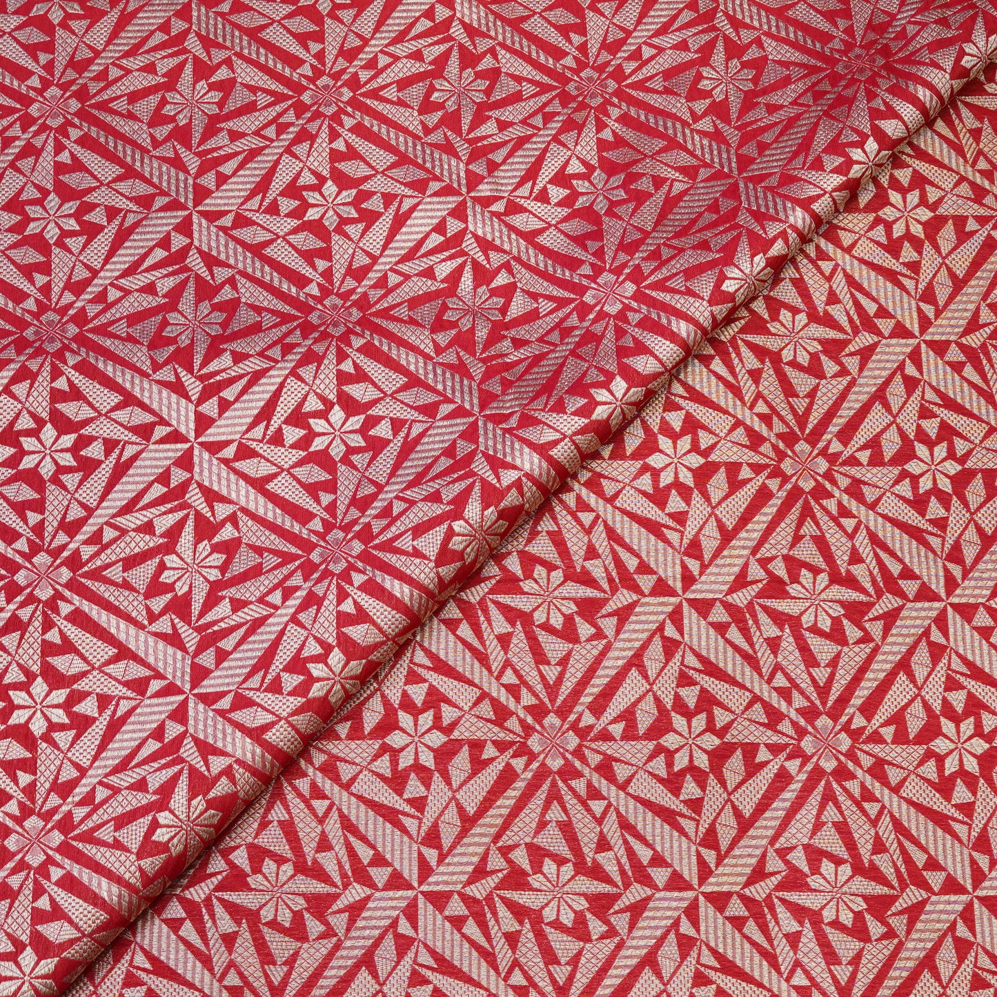 Coral Red Geometric Jacquard Woven Fabric.