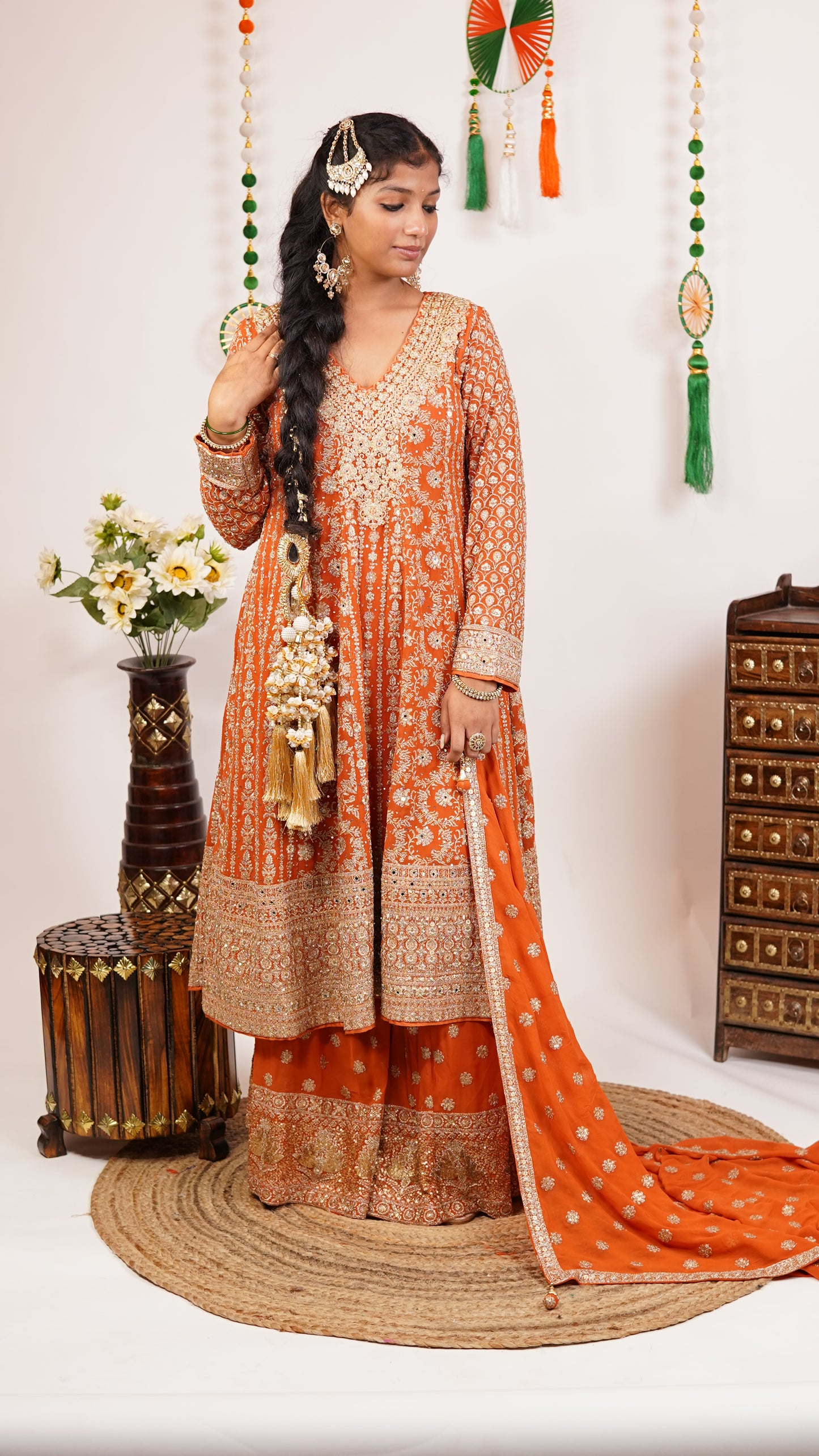 Royal Orange Embroidered Anarkali Suit Set.