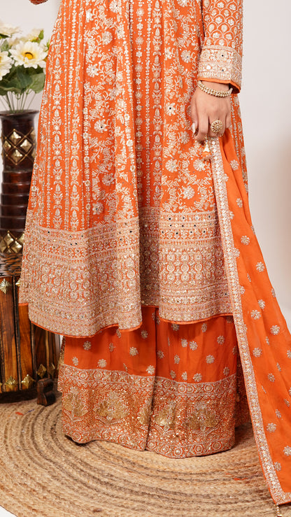 Royal Orange Embroidered Anarkali Suit Set.