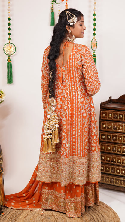 Royal Orange Embroidered Anarkali Suit Set.