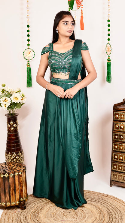 Emerald Green Embroidered Designer Per-Draped Saree Set
