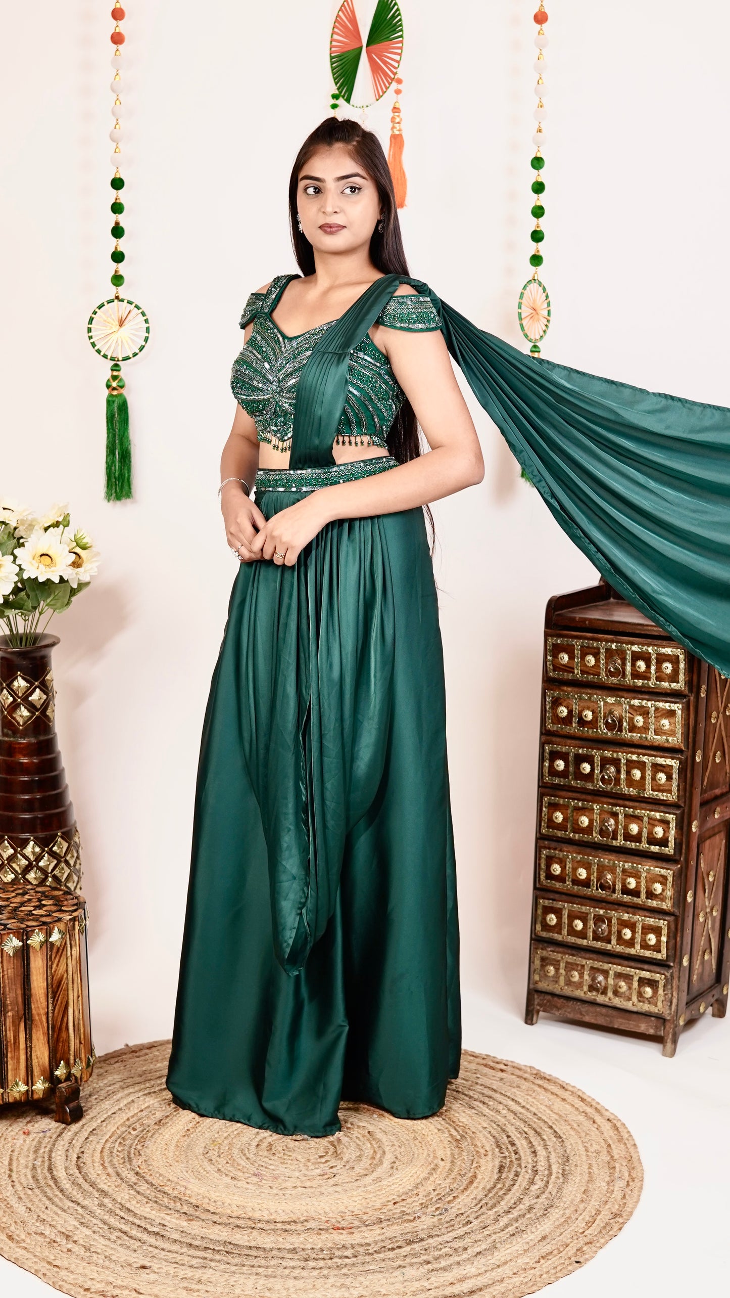 Emerald Green Embroidered Designer Per-Draped Saree Set