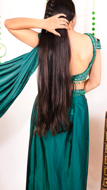 Emerald Green Embroidered Designer Per-Draped Saree Set
