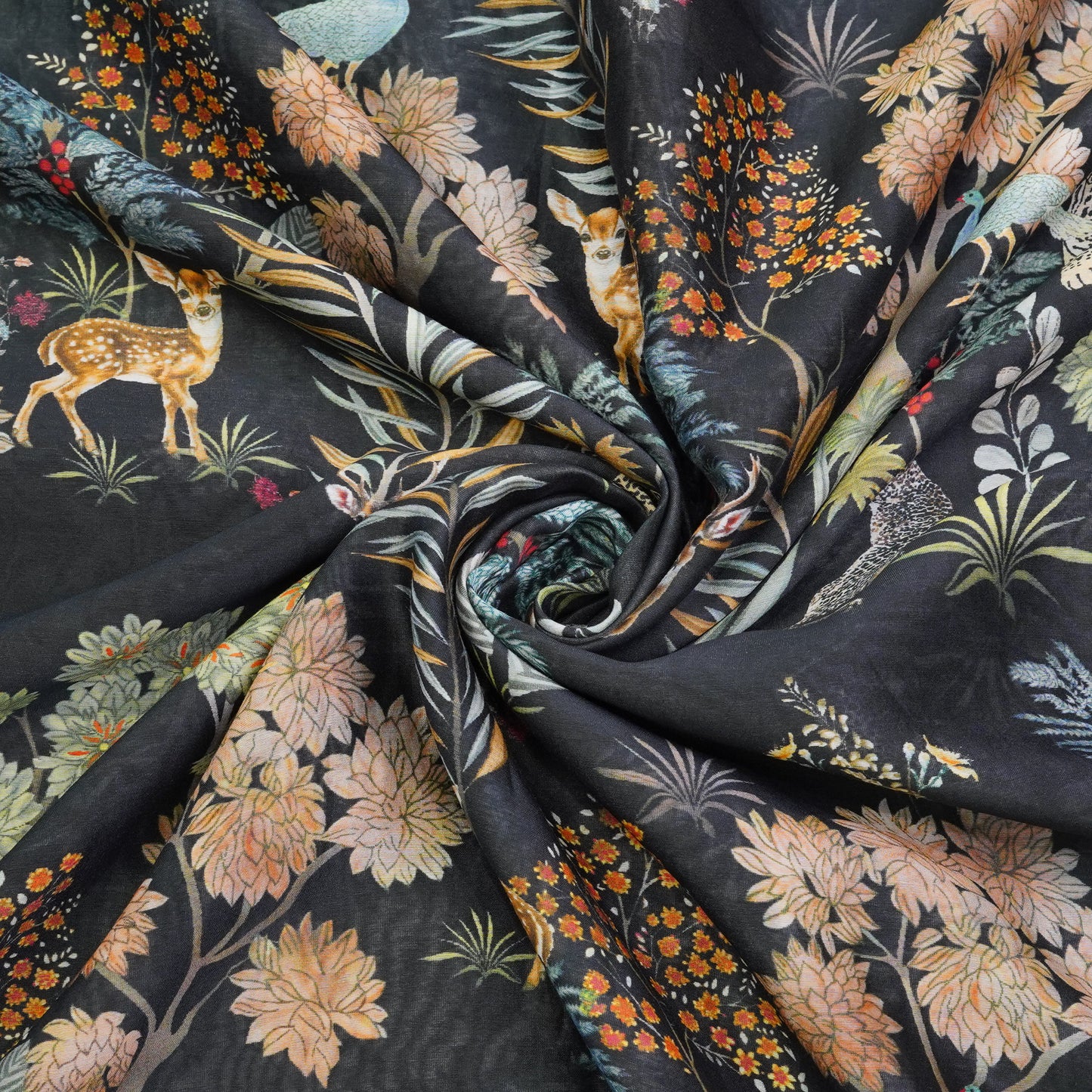 Black Floral & Wildlife Printed Fabric.