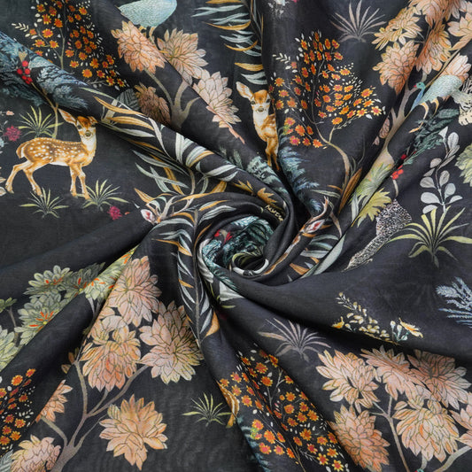 Black Floral & Wildlife Printed Fabric.